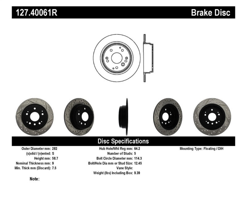 StopTech 04-08 Acura TL / 03-09 Honda Element Slotted & Drilled Right Rear Rotor